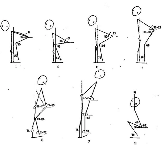 Stick figures of the lifter's body segments in the snatch