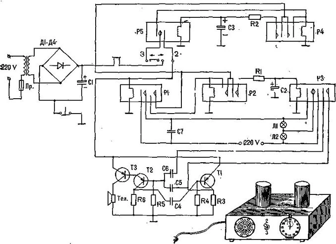 Circuit diagram and photograph of the portable referee's signalling device with white and red lamps